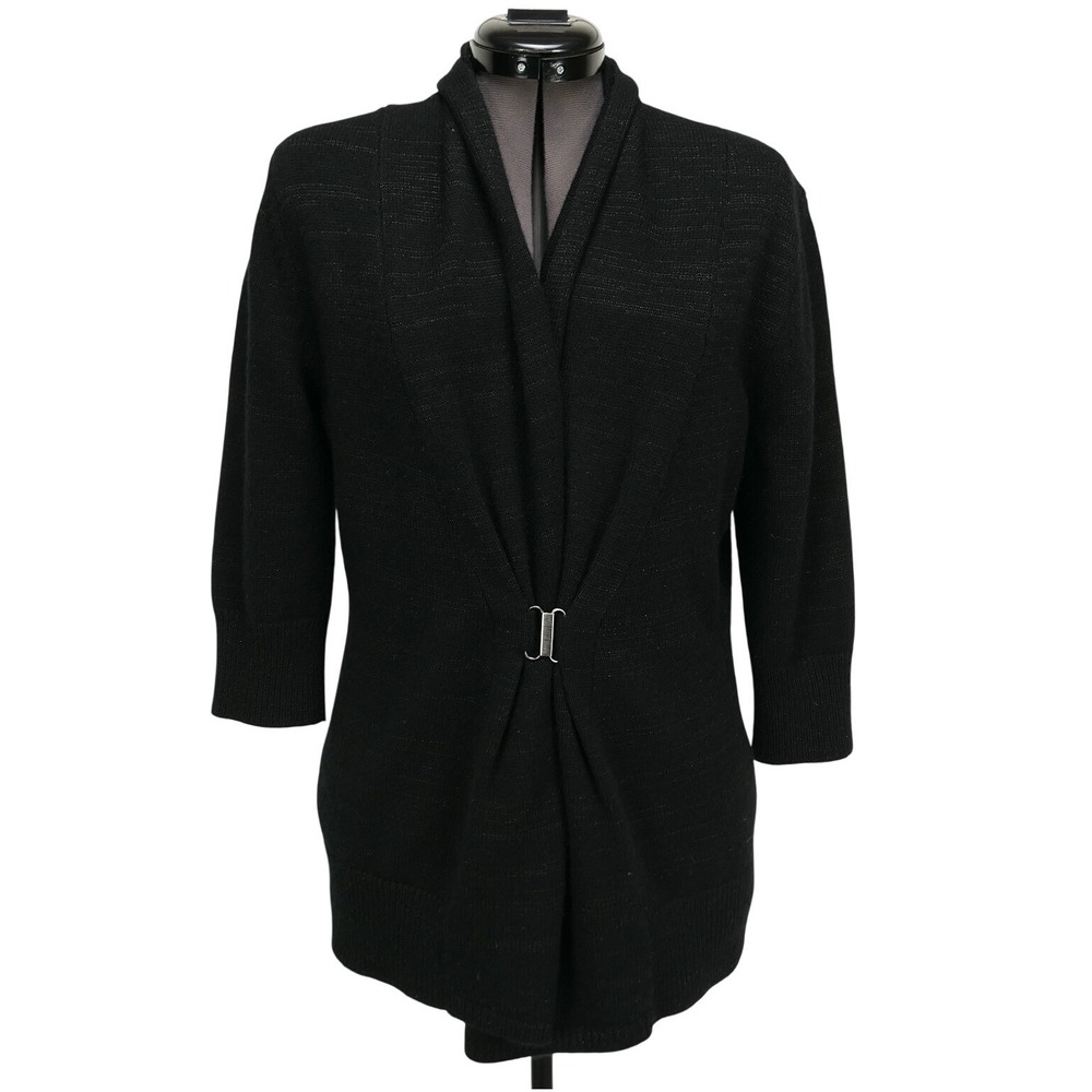 Neiman Marcus Cashmere Metallic Shimmer Shawl Collar Clasp Cardigan Black Large
